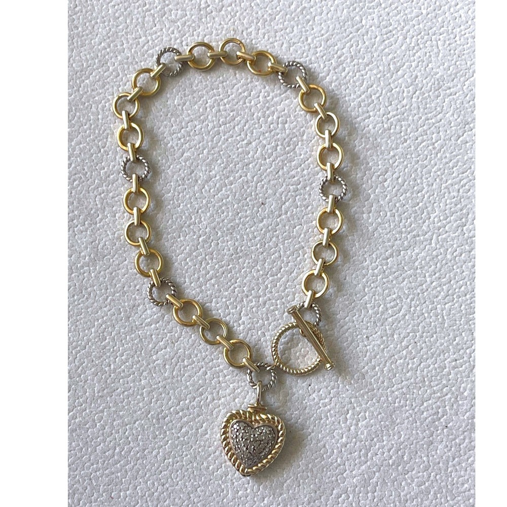 Vintage 925 Sterling Silver Two Tone Pavé Heart Charm Toggle Bracelet 7" 9g